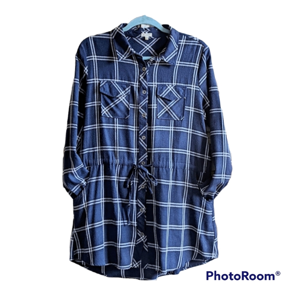 Flannel Tunic Dress Drawstring Shirt Dress with Pockets Navy Blue Plaid